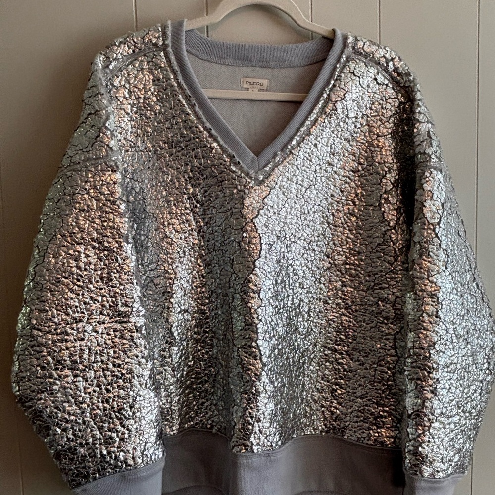 Anthropologie Crinkled Metallic Silver V-Neck Sweatshirt